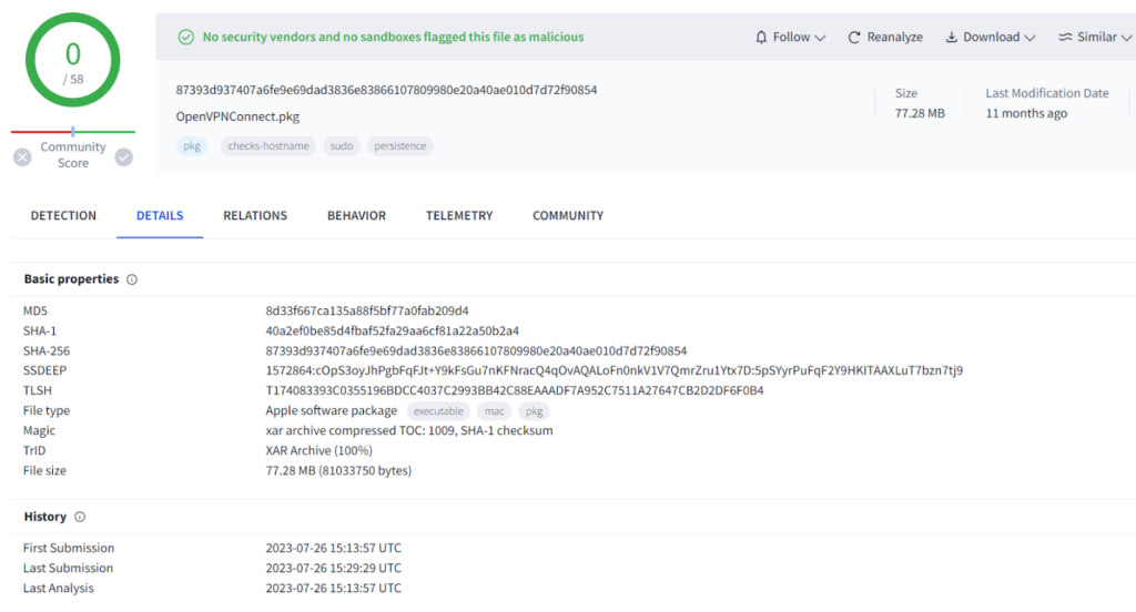 OpenVPNConnect.pkg on VirusTotal